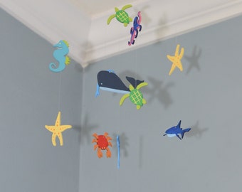 Fish Mobile, Sea Creature, Mobile, Under The Sea Fish Seahorse Crab Whale Sea Turtle Shark Custom Wood Paint Mobile Ocean Baby Shower Gift