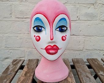 Mannequin Head Pierrot Harlequin Clown Hat and Wig Stand Hand Painted Vintage Style Retro Ladies Classic Comic Book Drag