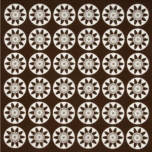 May include: A brown background with a repeating pattern of white stylized flowers. Each flower has 12 petals and a circle in the center.