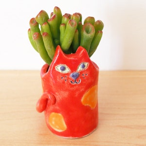 Red Cat Succulent Planter, Cute Succulent Pot, Cat Toothpick Holder, Handmade Cat Planters image 1