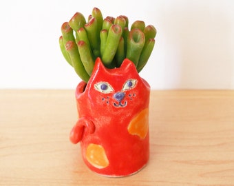 Red Cat Succulent Planter, Cute Succulent Pot, Cat Toothpick Holder, Handmade Cat Planters