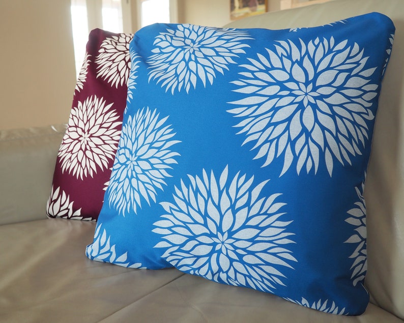 Dahlia Flower Blue Pillow Organic Cotton 18 x 18 Inch Botanical Pillows