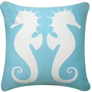 Seahorse Throw Pillow Covers, Coastal Pillow Covers 18x18, Blue Coastal Pillows, Organic Cotton Beach Pillows, Aqua Pillow