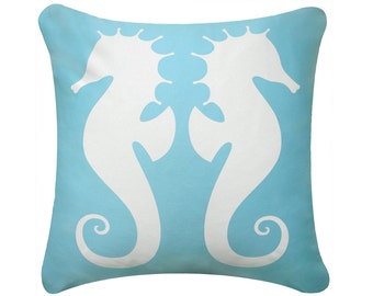 Seahorse Throw Pillow Covers, Coastal Pillow Covers 18x18, Blue Coastal Pillows, Organic Cotton Beach Pillows, Aqua Pillow