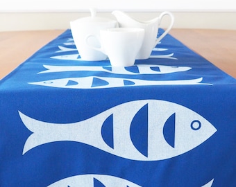 Fish Table Runner, Blue Table Runner, Lake House Decor, Modern Table Runner Fish