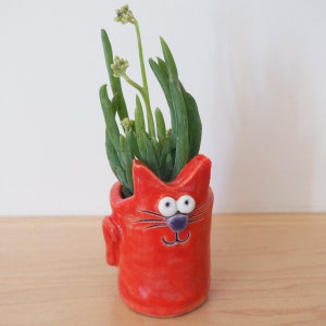 Red Cat Succulent Planter, Cute Succulent Pot, Cat Toothpick Holder, Handmade Cat Planters Pepper