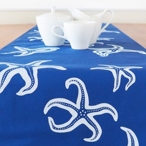 Starfish Coastal Table Runner, Eco Friendly Kitchen, Beach House Decor, Blue and White Table Runners