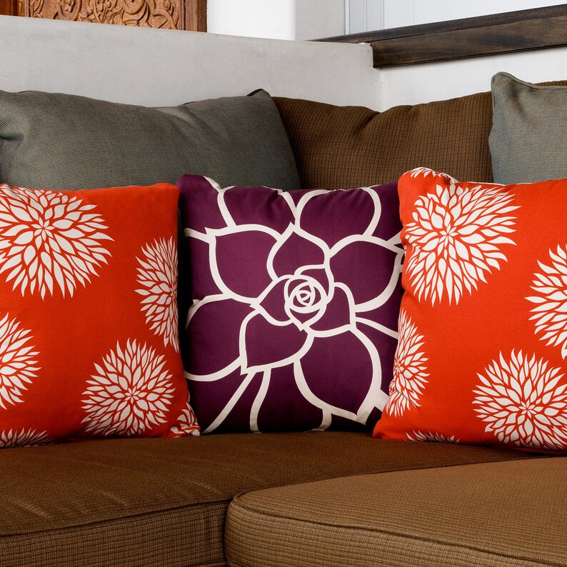 Dahlia Flower Blue Pillow Organic Cotton 18 x 18 Inch Botanical Pillows