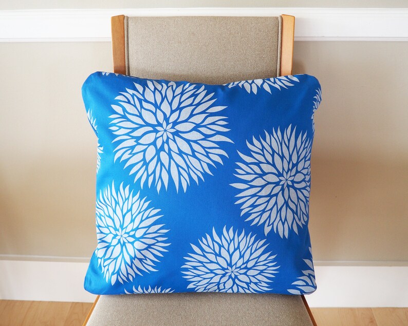 Dahlia Flower Blue Pillow Organic Cotton 18 x 18 Inch Botanical Pillows