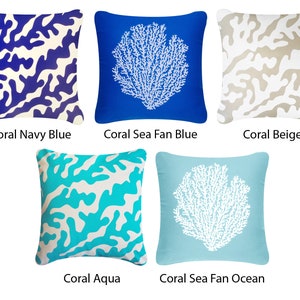 Coastal Pillow Covers 18 x 18, Coral Print Pillows, Blue Coral Pillows, Beach Decor Pillows, Coral Print Cushions, Coral Decorative Pillow
