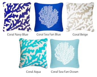 Coastal Pillow Covers 18 x 18, Coral Print Pillows, Blue Coral Pillows, Beach Decor Pillows, Coral Print Cushions, Coral Decorative Pillow