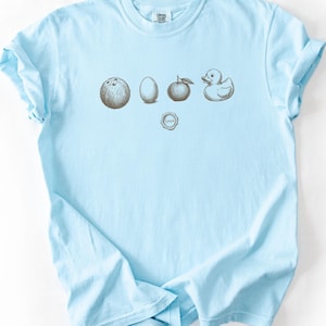 May include: Pale blue t-shirt featuring a brown illustration of a coconut, egg, apple, and a duck. The shirt has short sleeves and a round neck. The graphic is printed on the front.