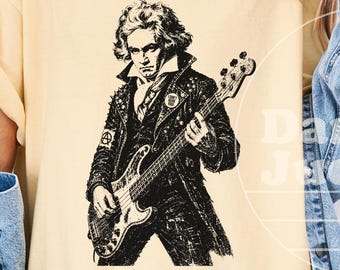 Beethoven Rock God T-Shirt, Bassist Geschenk, Musikliebhaber T-Shirt, Vintage Grafik-T-Shirt, Rockband-Parodie, Musikkomponist-Shirt, klassische Musik