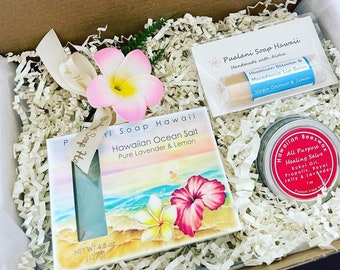 Hawaiian Soap Gift Box with Beeswax Salve & Lip Balm  perfect for Mother's Day, Bridal, Housewarming gift Choose your Soap and Lip Balm