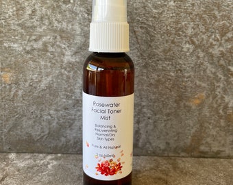 Rose Facial Toner Mist: Natural Hydrosol, Jojoba Oil (2oz/4oz)