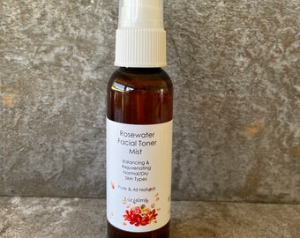 Rosewater Facial Toner Mist 2oz (60ml) or 4oz (120ml) in spray bottle //  Balancing & Rejuvenating // for Normal to Dry Skin Type