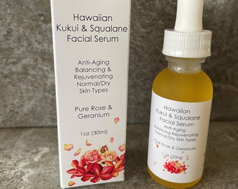 Hawaiian Kukui & Squalane Facial Serum Normal/Dry Skin Type with Pure Rose and Geranium 1oz bottle