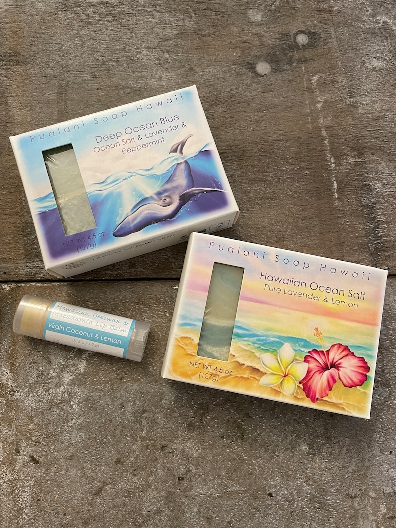 Holiday Hawaiian Soap in Gift Bag with Hawaiian Beeswax Lip Balm //2 x soap bars and 1 x lip balm // Choose your combination Ocean Theme