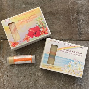 Holiday Hawaiian Soap in Gift Bag with Hawaiian Beeswax Lip Balm //2 x soap bars and 1 x lip balm // Choose your combination Citrusy