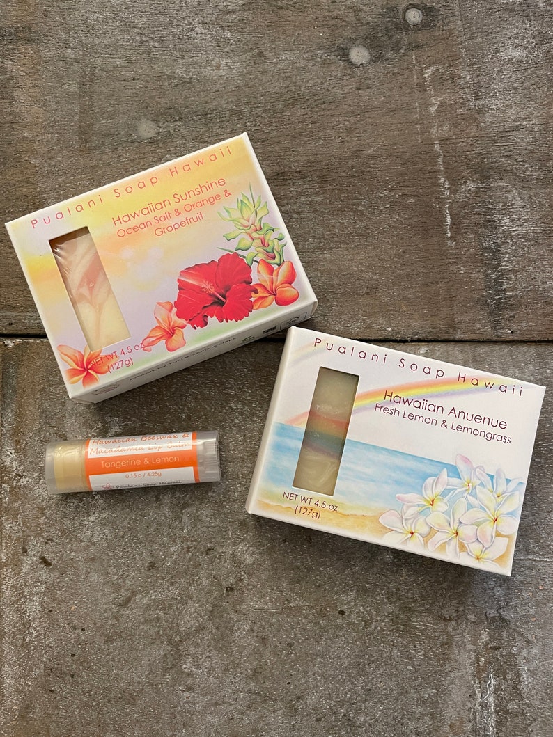 Holiday Hawaiian Soap in Gift Bag with Hawaiian Beeswax Lip Balm //2 x soap bars and 1 x lip balm // Choose your combination Citrusy