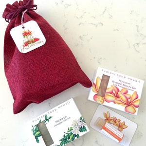 Holiday Hawaiian Soap in Gift Bag with Hawaiian Beeswax Lip Balm //2 x soap bars and 1 x lip balm // Choose your combination image 2