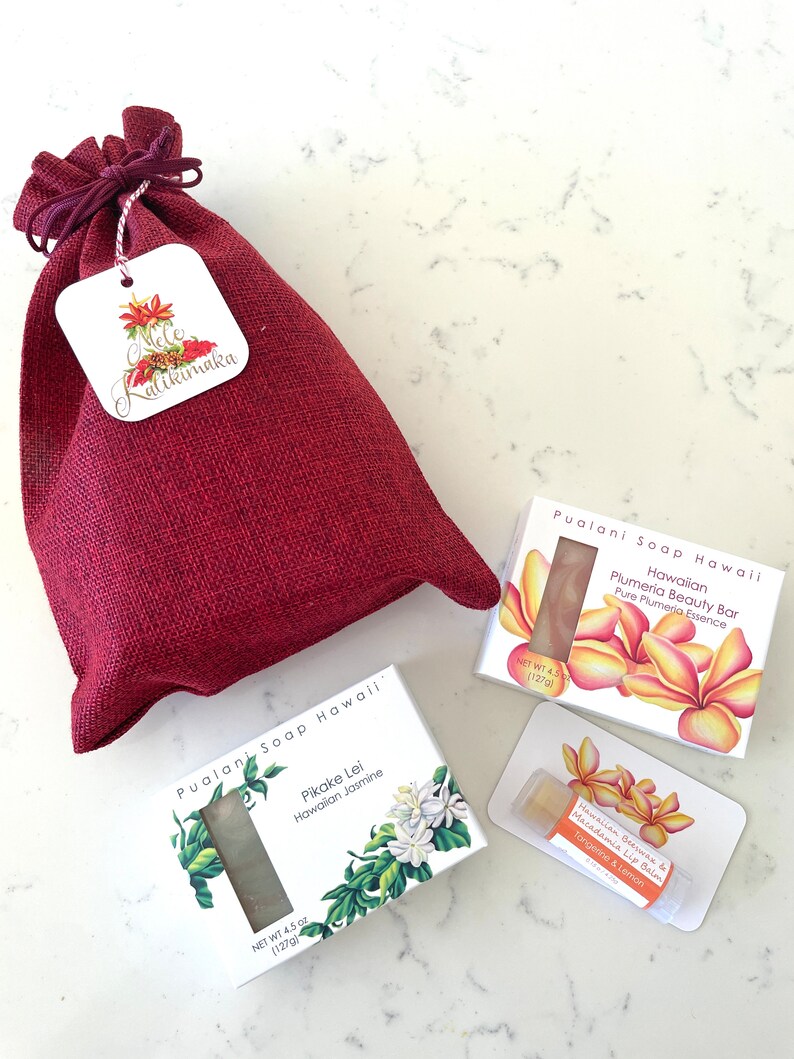 Holiday Hawaiian Soap in Gift Bag with Hawaiian Beeswax Lip Balm //2 x soap bars and 1 x lip balm // Choose your combination image 2