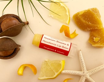 Hawaiian Beeswax Macadamia Lip Balm All Natural with Pure Tangerine and Lemon Essential Oil