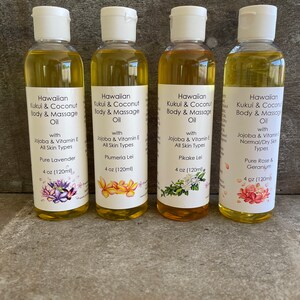 Hawaiian Kukui and Coconut Body and Massage Oil with Pure Essential Oils 2 oz or 4oz bottle // Non-Greasy