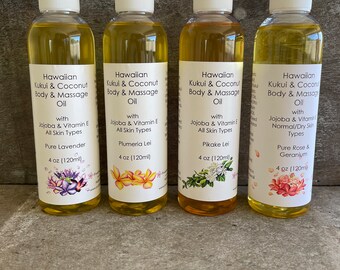 Hawaiian Kukui and Coconut Body and Massage Oil with Pure Essential Oils 2 oz or 4oz bottle // Non-Greasy