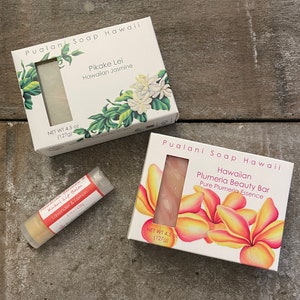 Holiday Hawaiian Soap in Gift Bag with Hawaiian Beeswax Lip Balm //2 x soap bars and 1 x lip balm // Choose your combination Hawaiian Flowers