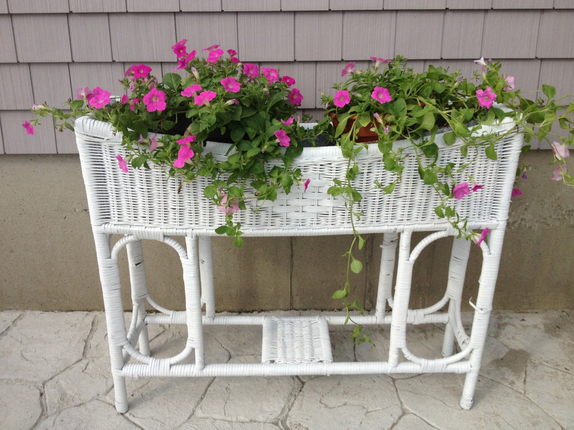 SALE Vintage White Wicker Planter With Galvanized Insert Etsy