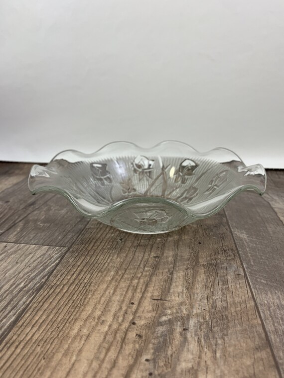 Clear Glass Vintage Serving Bowl Glass Iris and Herringbone 9