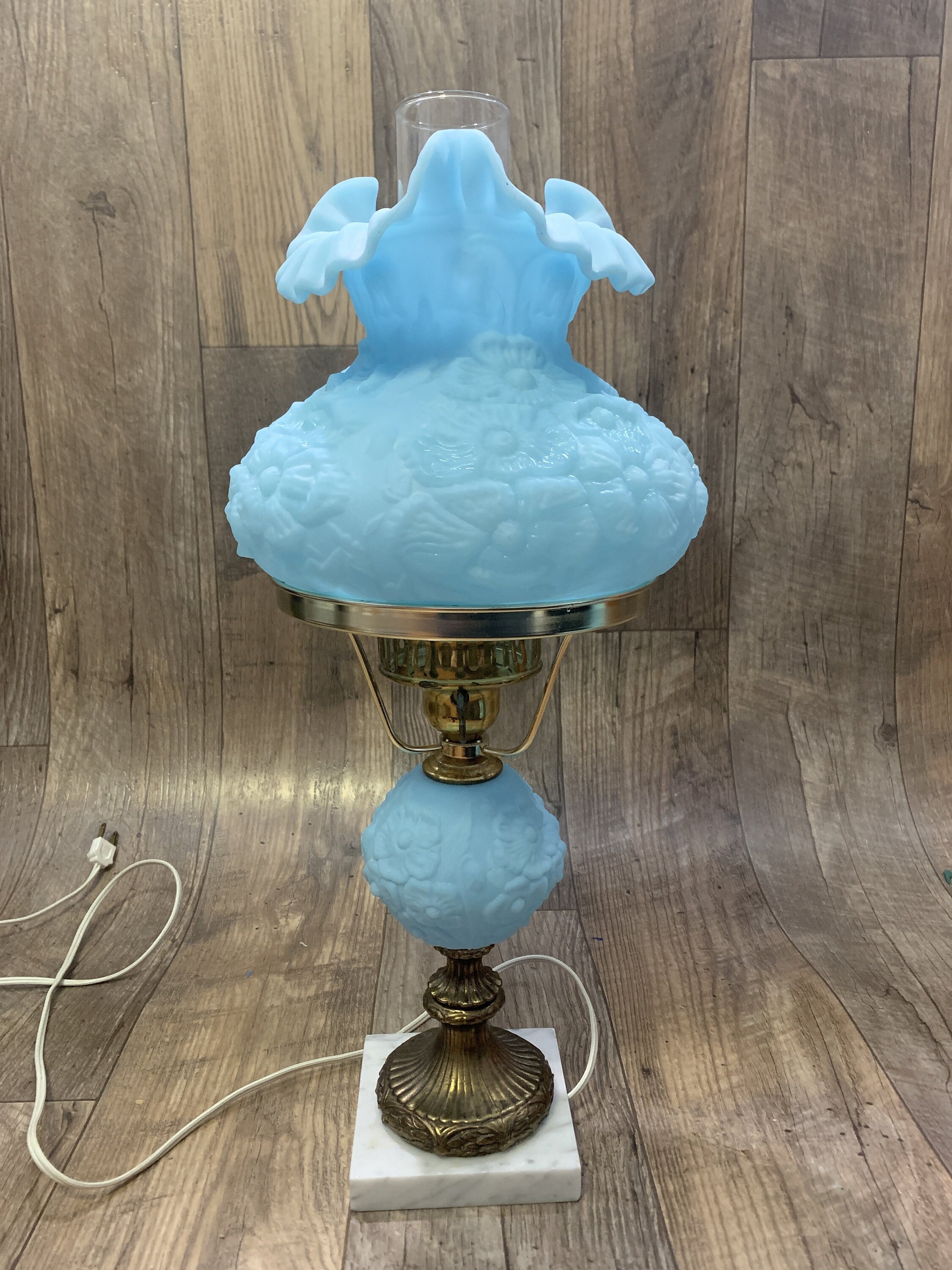 Fenton Blue Satin Glass Poppy Hurricane Lamp with Marble Base Etsy