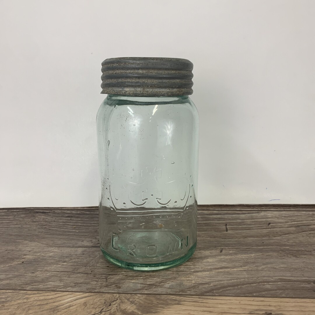Crown Canning Jar With Green Tint and Clear Lid Etsy