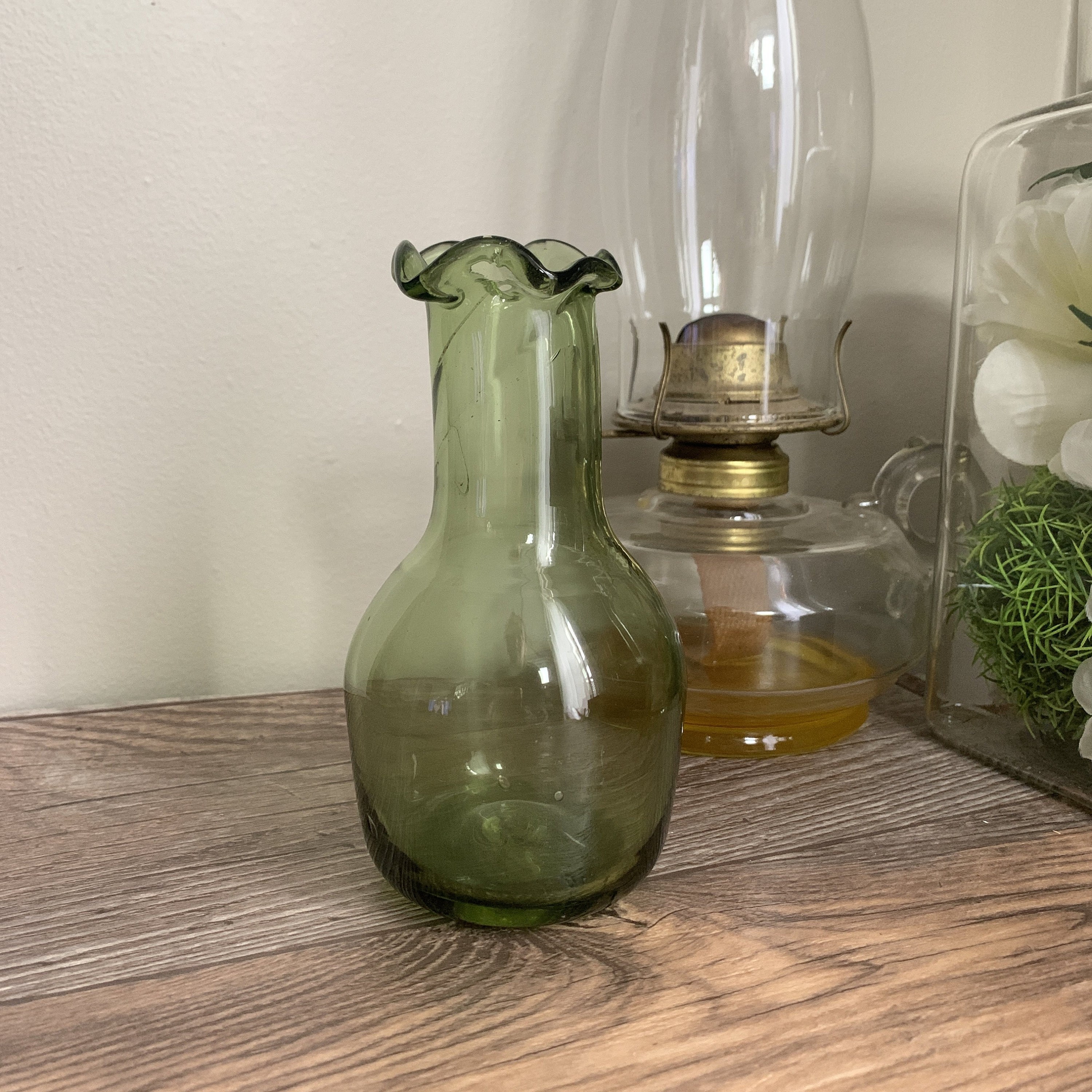 Green Blown Glass Vase Small Glass Bud Vase with Ruffle Etsy