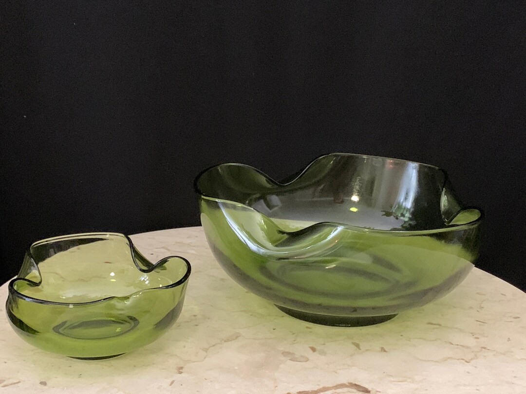 Anchor Hocking Vintage Green Glass Chip and Dip Bowls Set of Two Bowls