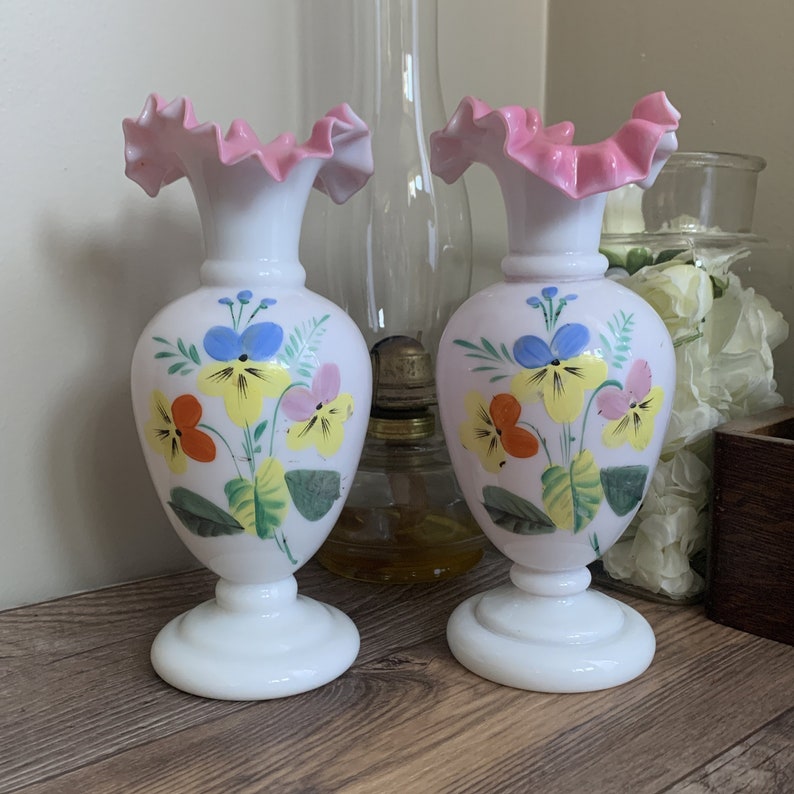 Antique Blown Glass Mantle Vases White and Pink Hand Painted Etsy Canada