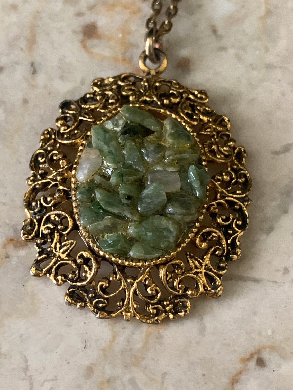 Jade Chip Necklace Large Green and Gold Pendant Etsy Canada