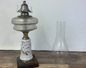 Antique Oil Lamp with Milk Glass and Cast Base