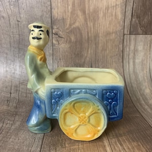 Vintage Ceramic Planter Man with a Flower Cart Blue and Yellow Vintage Home Decor