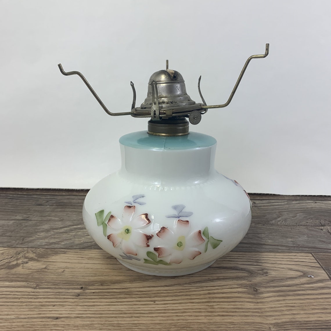 Milk Glass Oil Lamp Base With Hand Painted Floral Design Etsy Canada
