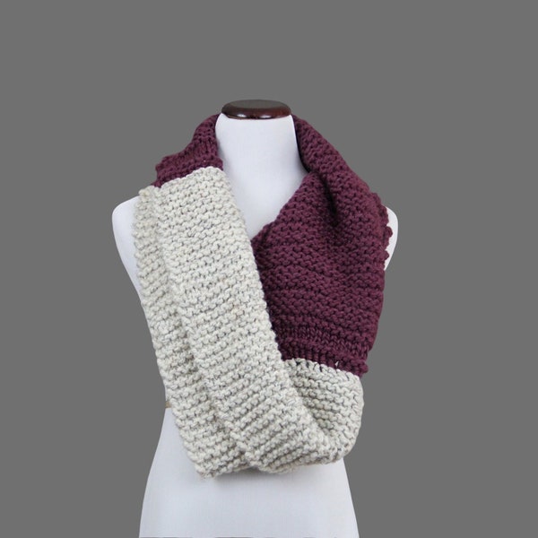 Hand Knit Two-Tone Cream/Purple Chunky Thick Infinity Scarf