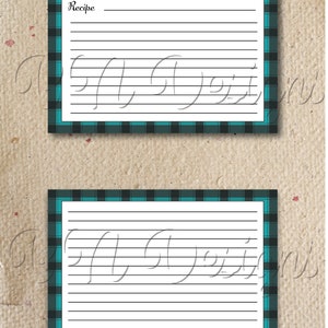 May include: A printable recipe card with a black and teal plaid border. The card has the word "Recipe" at the top and lined spaces for writing down ingredients and instructions.