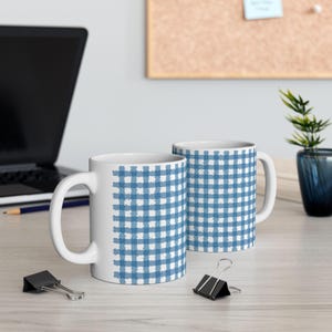 Painted Speckled Blue Perennial Gingham Plaid - Coffee Ceramic Mug 11oz and 15oz
