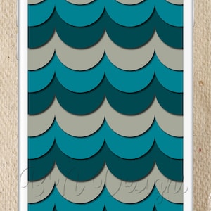 May include: A white smartphone with a teal and gray geometric pattern on the screen. The pattern is made up of overlapping semicircles.