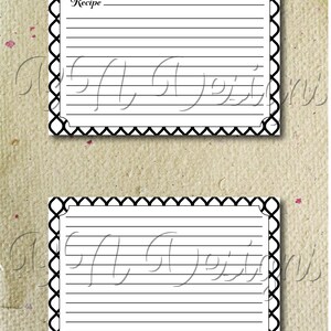 May include: Two blank recipe cards with a black and white geometric border. The top card has the word "Recipe" printed on it.