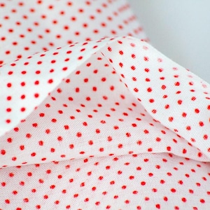 Vintage Dotted Swiss Flocked Fabric – White Red Micro Polka Dot Remnant (46" x 60")