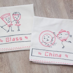 Vintage Embroidered Dish Towels, Flour Sack Towel - China & Glass