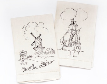 Vintage Tea Towel Dutch Motif, Hand stitched Windmill and Ship