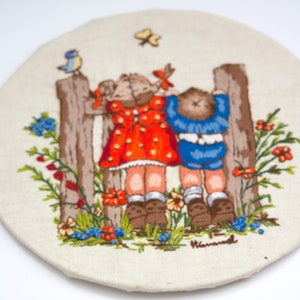 Round Vintage Unframed Crewel Embroidery Art, Hummel Kids Peeking Over Fence